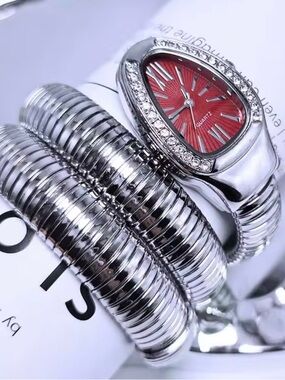 Silver Coil Bracelet Watch with Red Dial